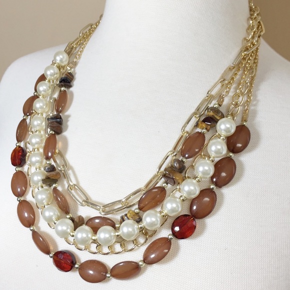 Layered Brown Bead Pearl Chain Necklace Set - Picture 2 of 3